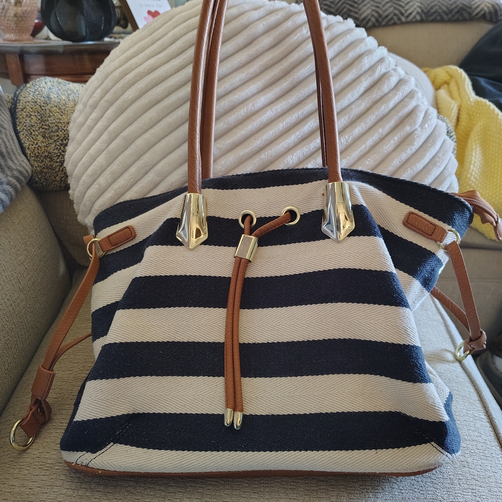 Michael Kors Navy and Cream Striped Shoulder Bag